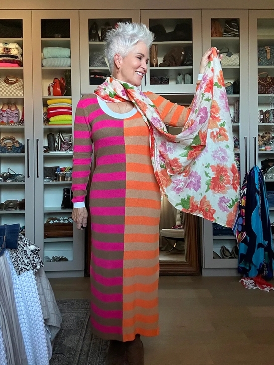 wenrine Dresses & Skirts - Wenrine Striped Maxi Sweater Dress in Pink & Orange